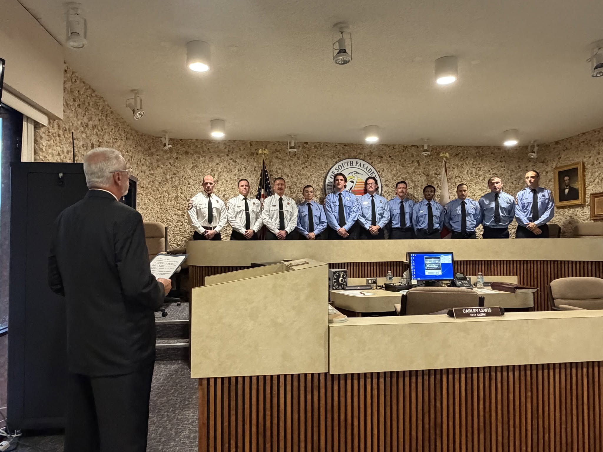 Mayor Penny and Fire fighters at Pinning Ceremony